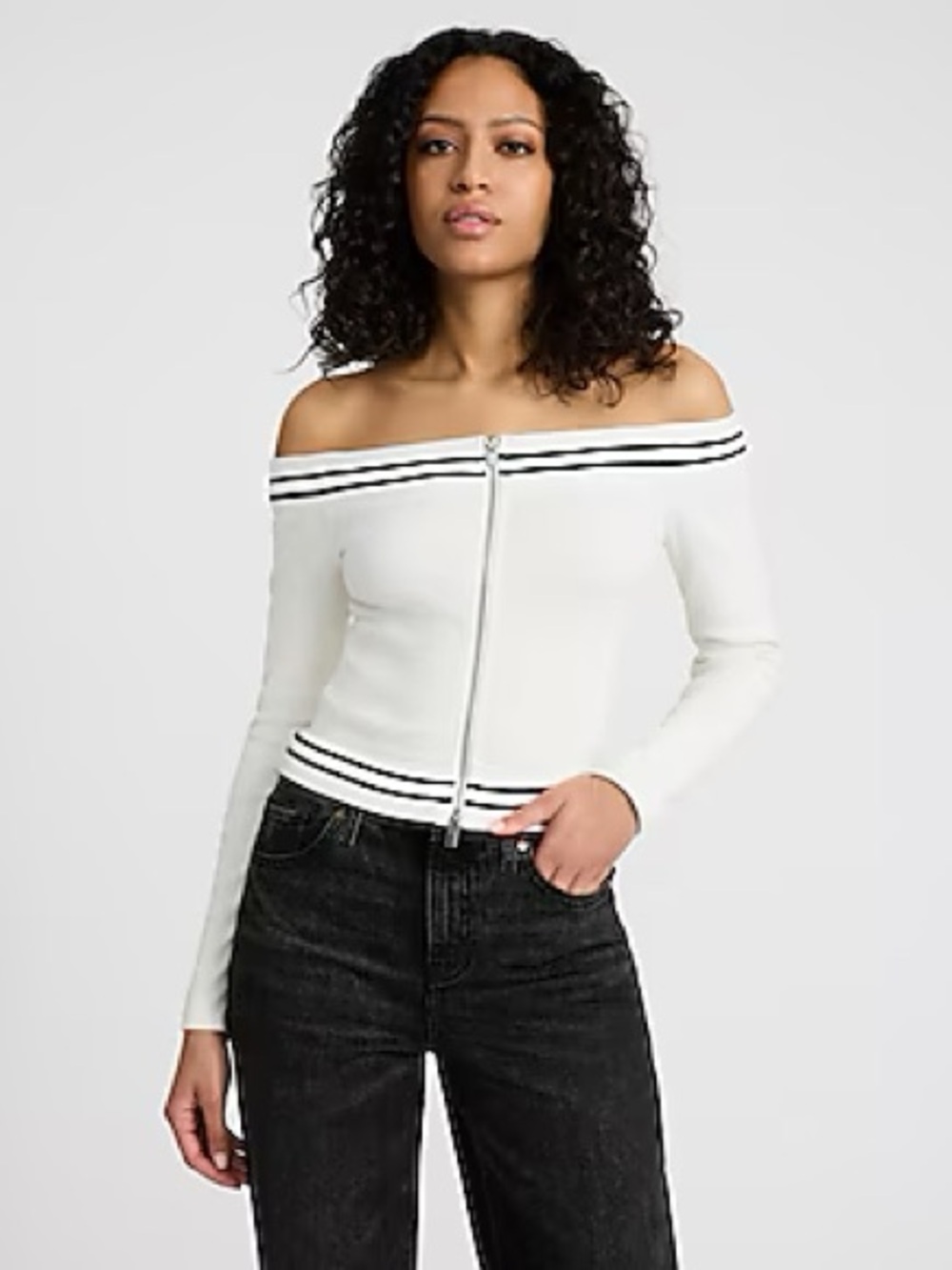 Express White Off-the-Shoulder Zip Top with Black Stripe Detail